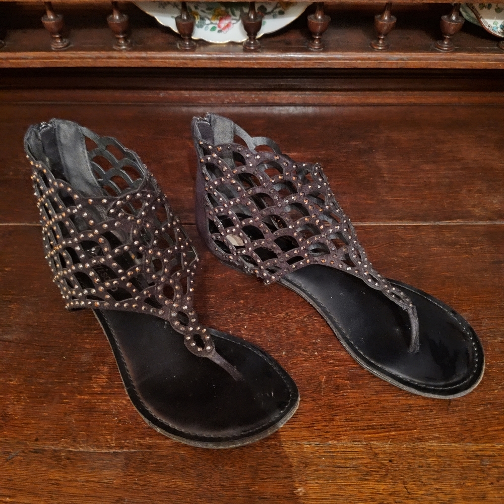 Studded Gladiator Sandals. Laser Cut Black with Bling Glitter.